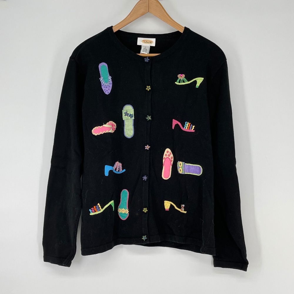 Vintage‎ Talbots Beaded Embroidered Shoe Cardigan Sweater L Black Novelty